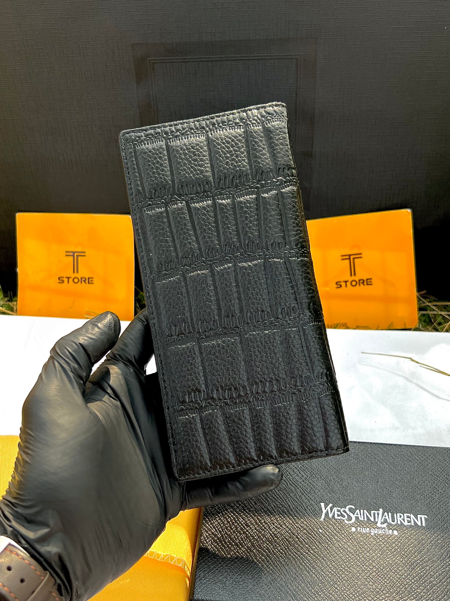 YSL Black Plain Golden Logo Genuine Leather Long Wallet