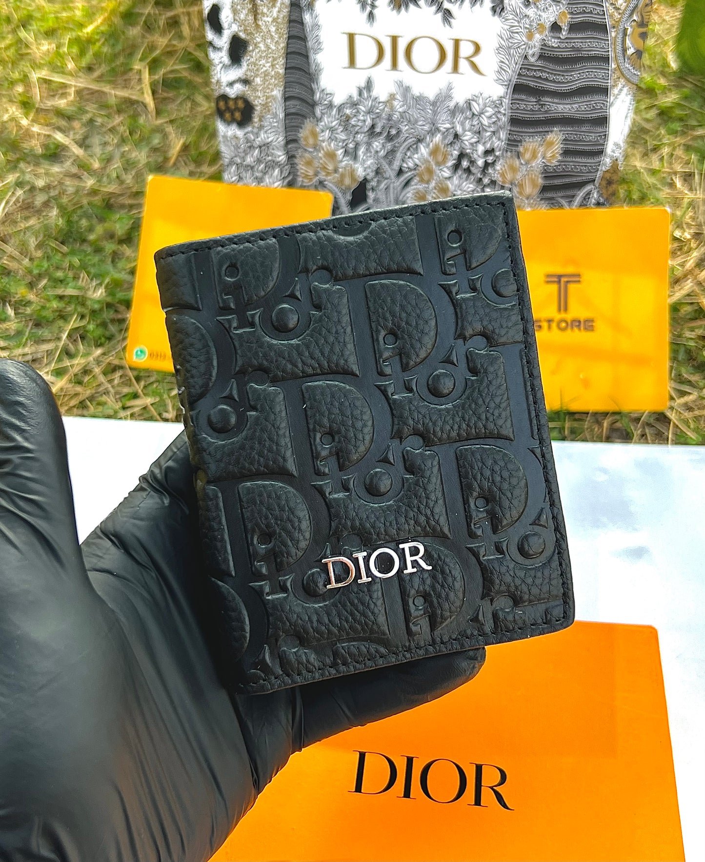 Dior Book Shape Black Embossed Genuine Leather Wallet