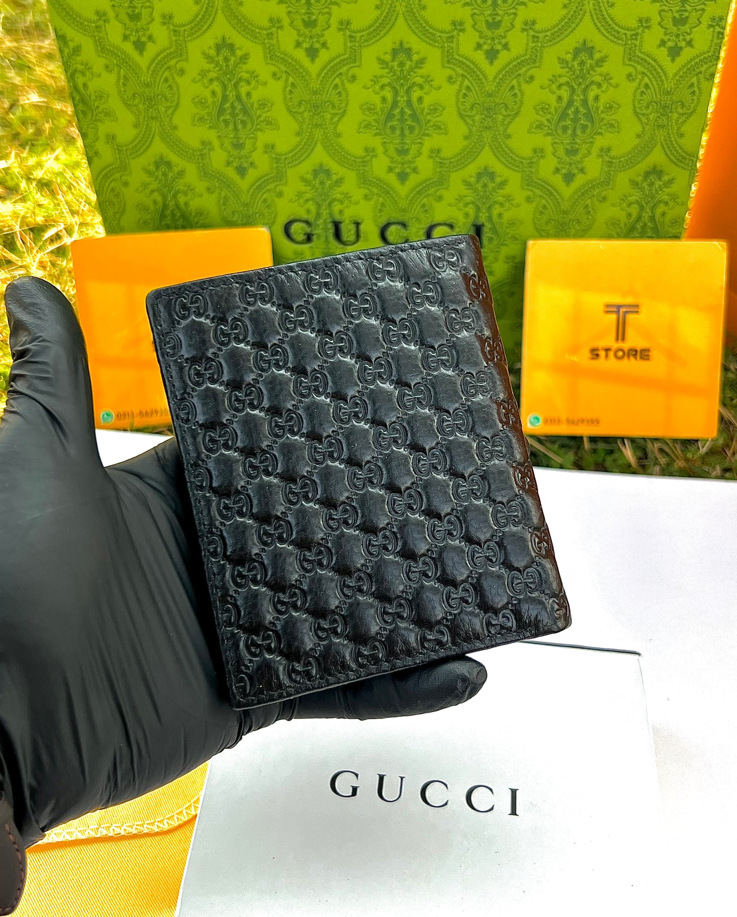Gucci Black Embossed Strips Logo Genuine Leather Book Shape Wallet