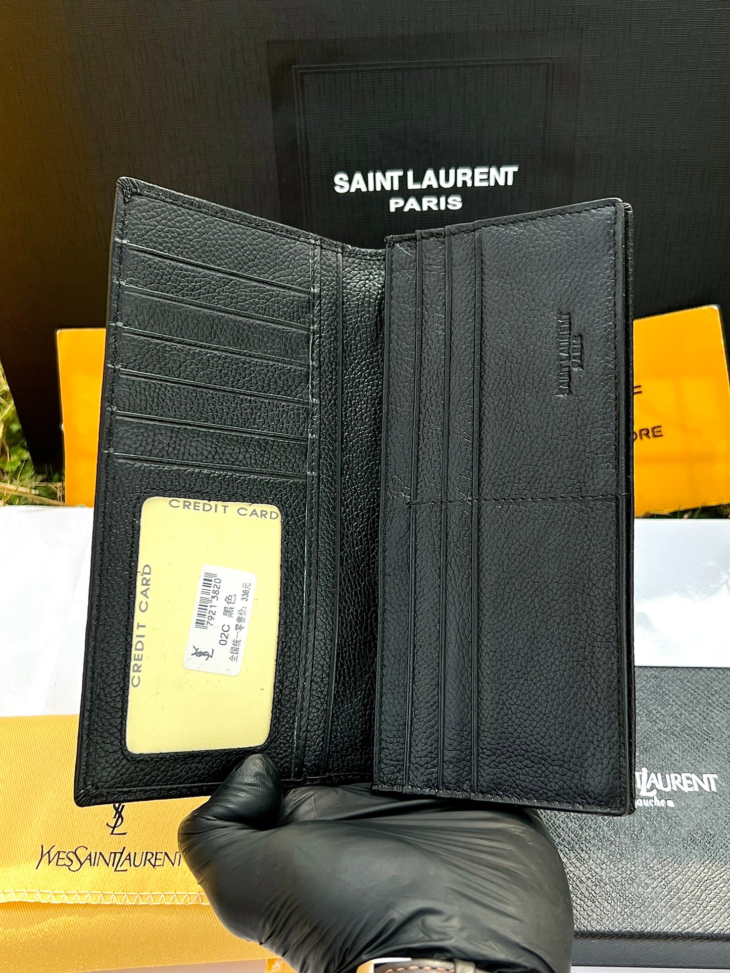 YSL Black Plain Black Logo Genuine Leather Long Wallet