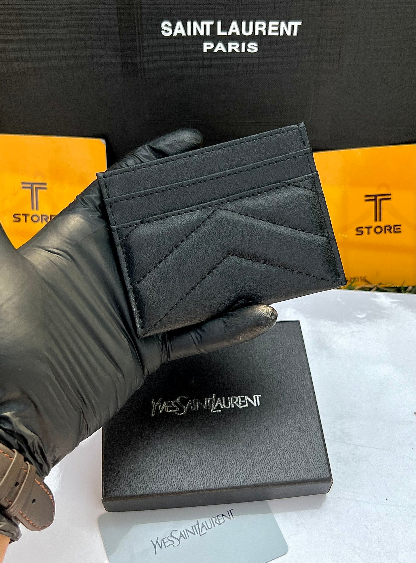 YSL Black Plain Silver Logo Cardholder