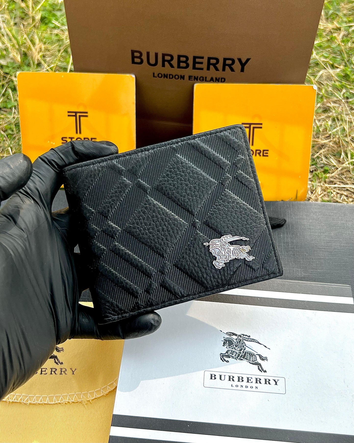 Burberry Black Plain Logo Genuine Leather Wallet
