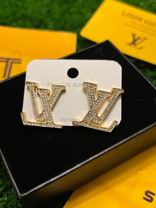 LV Letter Style Golden Stone Earrings For Women