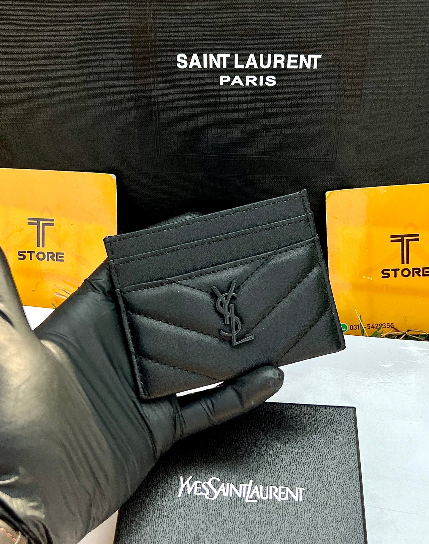 YSL Black Plain Black Logo Cardholder