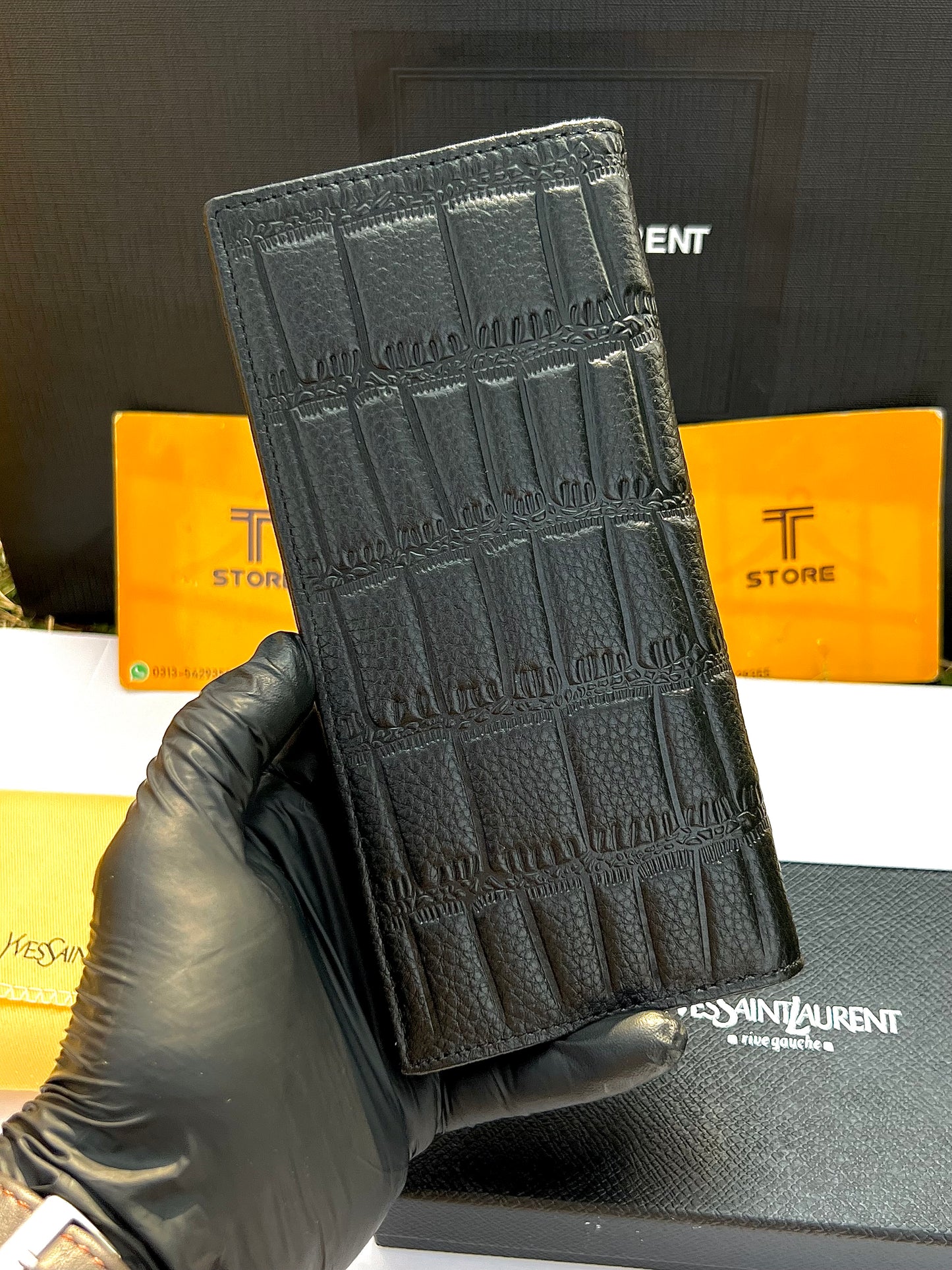 YSL Black Plain Black Logo Genuine Leather Long Wallet
