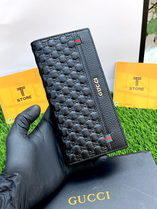 Gucci Black Embossed Side Logo Small Strip Genuine Leather Long Wallet