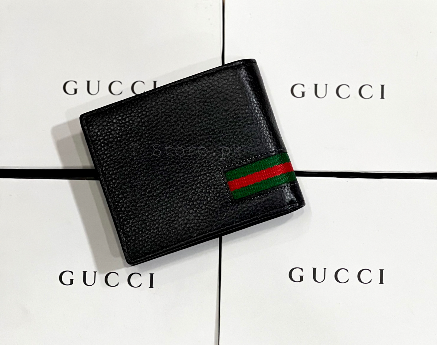 Gucci Black Plain Logo Strip Genuine Leather Wallet