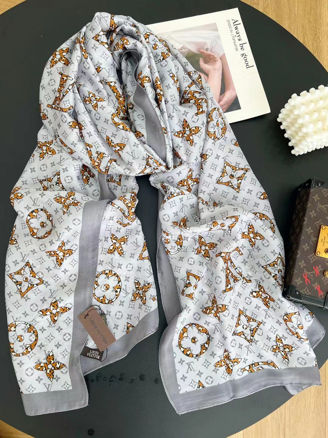 LV Printed Grey Silk Scarf