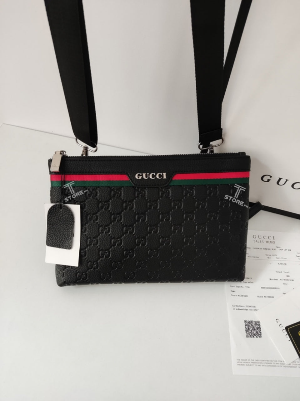 Gucci Black Top Strip Embossed Leather Men's Handbag
