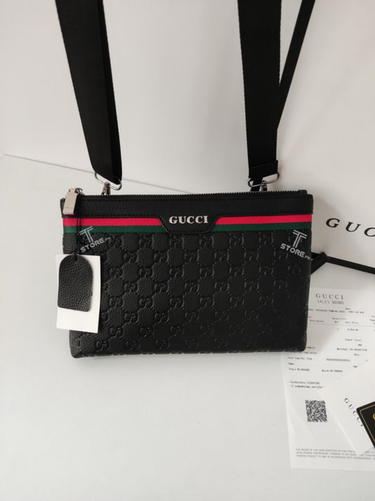 Gucci Black Top Strip Embossed Leather Men's Handbag