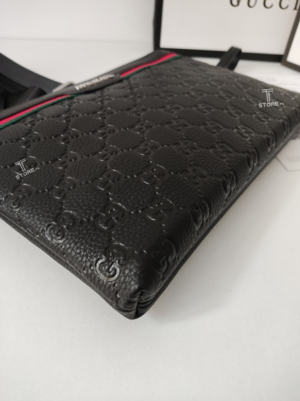 Gucci Black Top Strip Embossed Leather Men's Handbag
