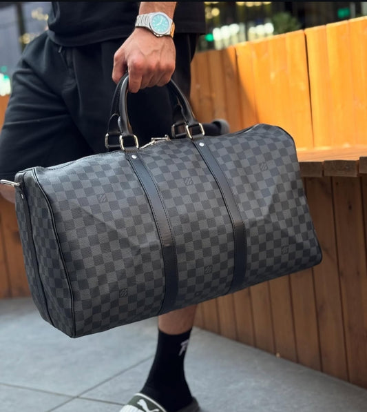 LV Black Check Printed Duffle Bag