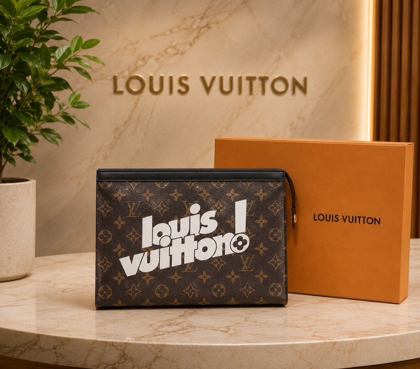 LV Printed Brown Flower Pochette Men's Clutch
