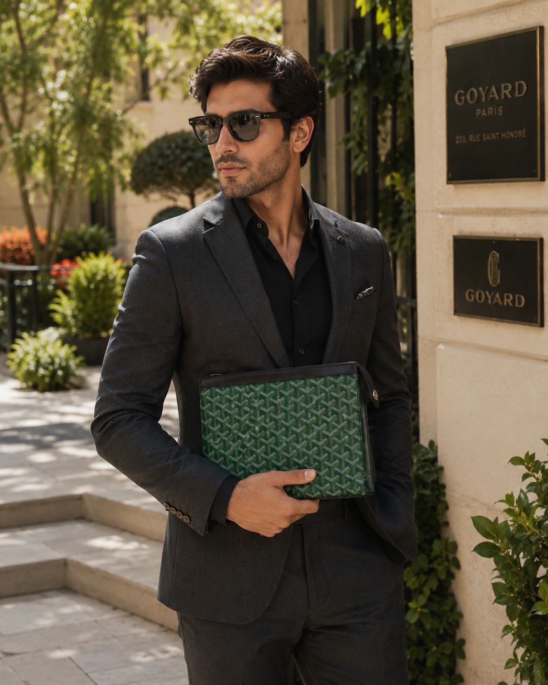 Goyard Green Printed Voyage Pochette Men's Clutch