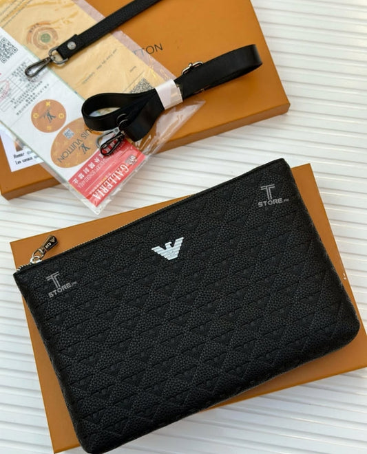Armani Black Logo Embossed Leather Men's Handbag