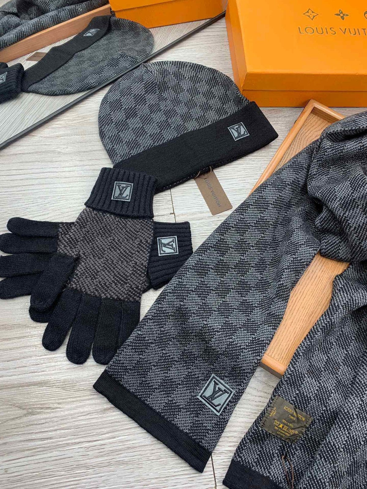 LV Grey Check Woolen Muffler, Gloves & Beanie Set