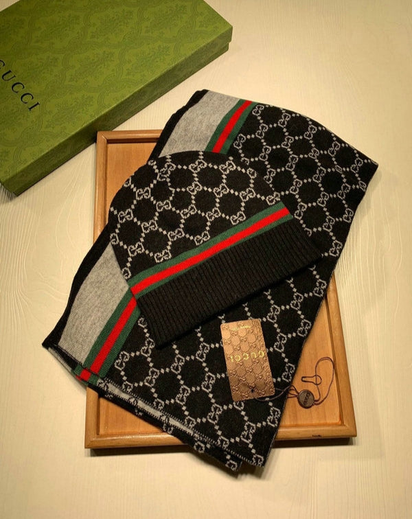 Gucci Black Strip Woolen Muffler & Beanie Set