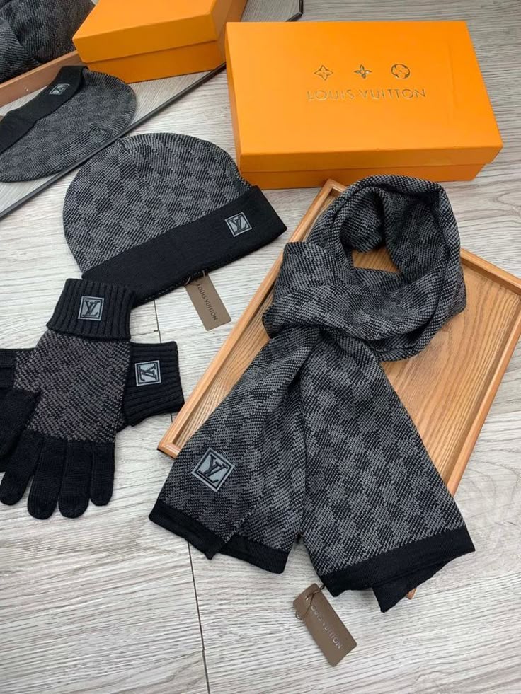 LV Grey Check Woolen Muffler, Gloves & Beanie Set