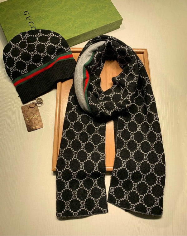 Gucci Black Strip Woolen Muffler & Beanie Set