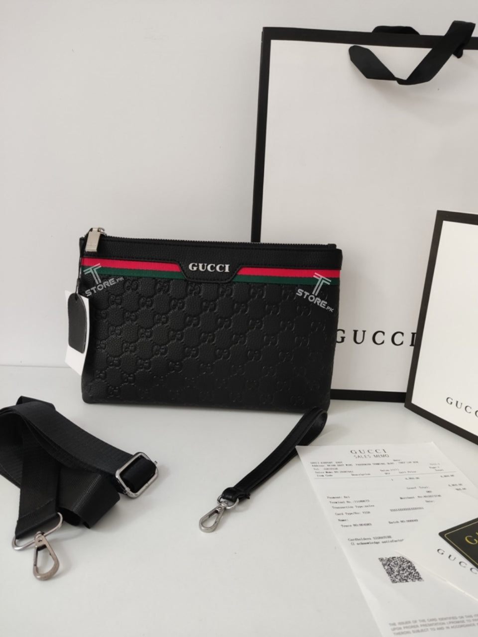 Gucci Black Top Strip Embossed Leather Men's Handbag