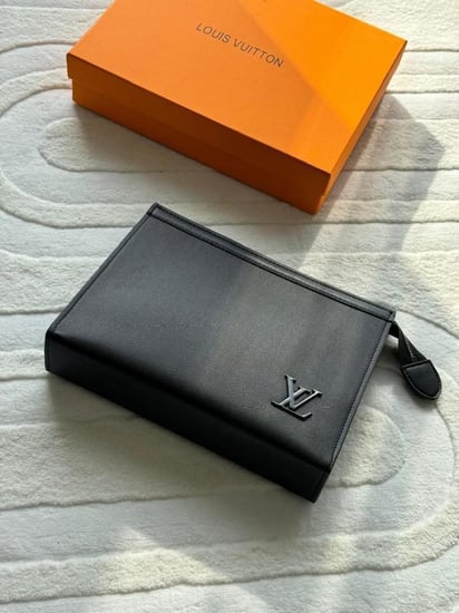 LV Black Plain Logo Men's Clutch