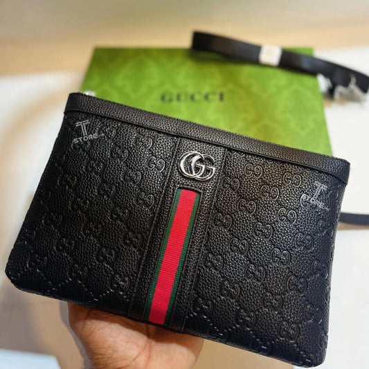 Gucci Black Embossed GG Logo Middle Strip Leather Men's Handbag
