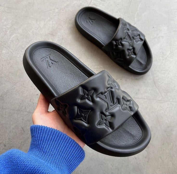 LV Black Flower Embossed Slider