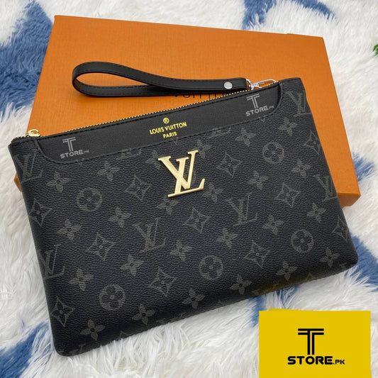 LV Black Flower Printed Logo Leather Men's Handbag
