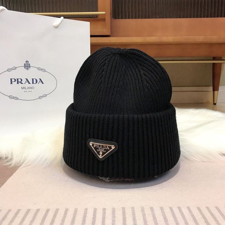 Prada Plain Black Logo Woolen Beanie Cap