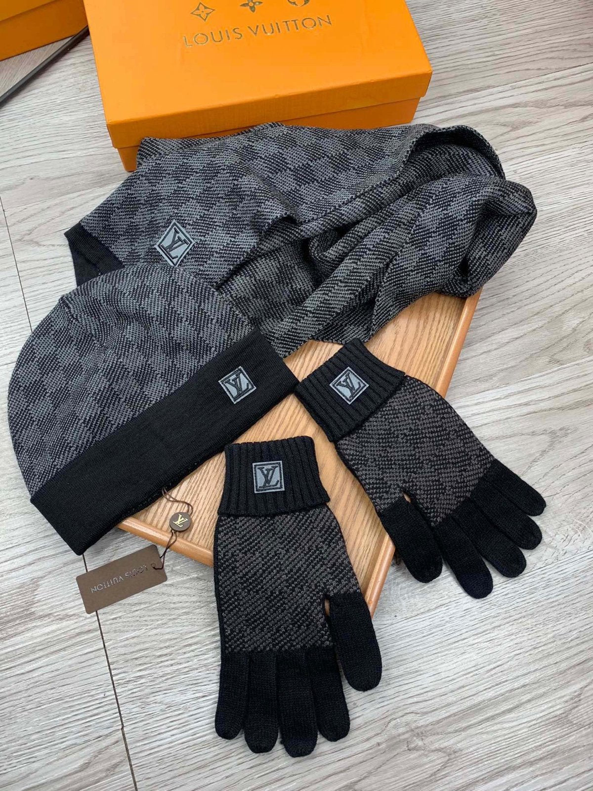LV Grey Check Woolen Muffler, Gloves & Beanie Set