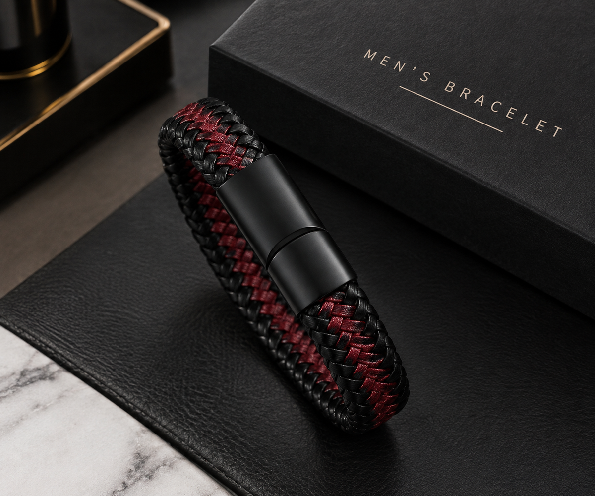 Red Black Braided Charm Bracelet for Men