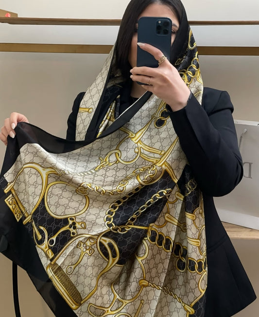 Gucci Black Printed Silk Scarf