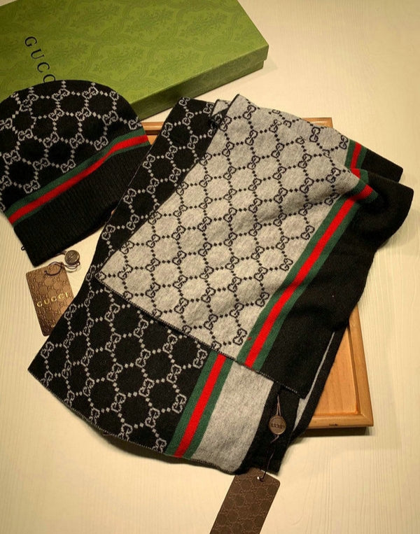 Gucci Black Strip Woolen Muffler & Beanie Set