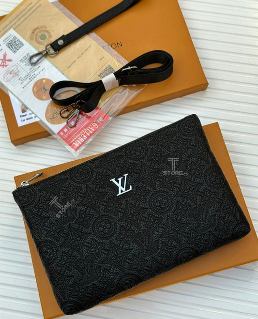 LV Black Flower Embossed Leather Men's Handbag