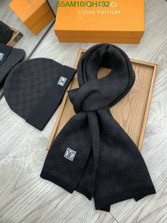 LV Grey Check Woolen Muffler & Beanie Set