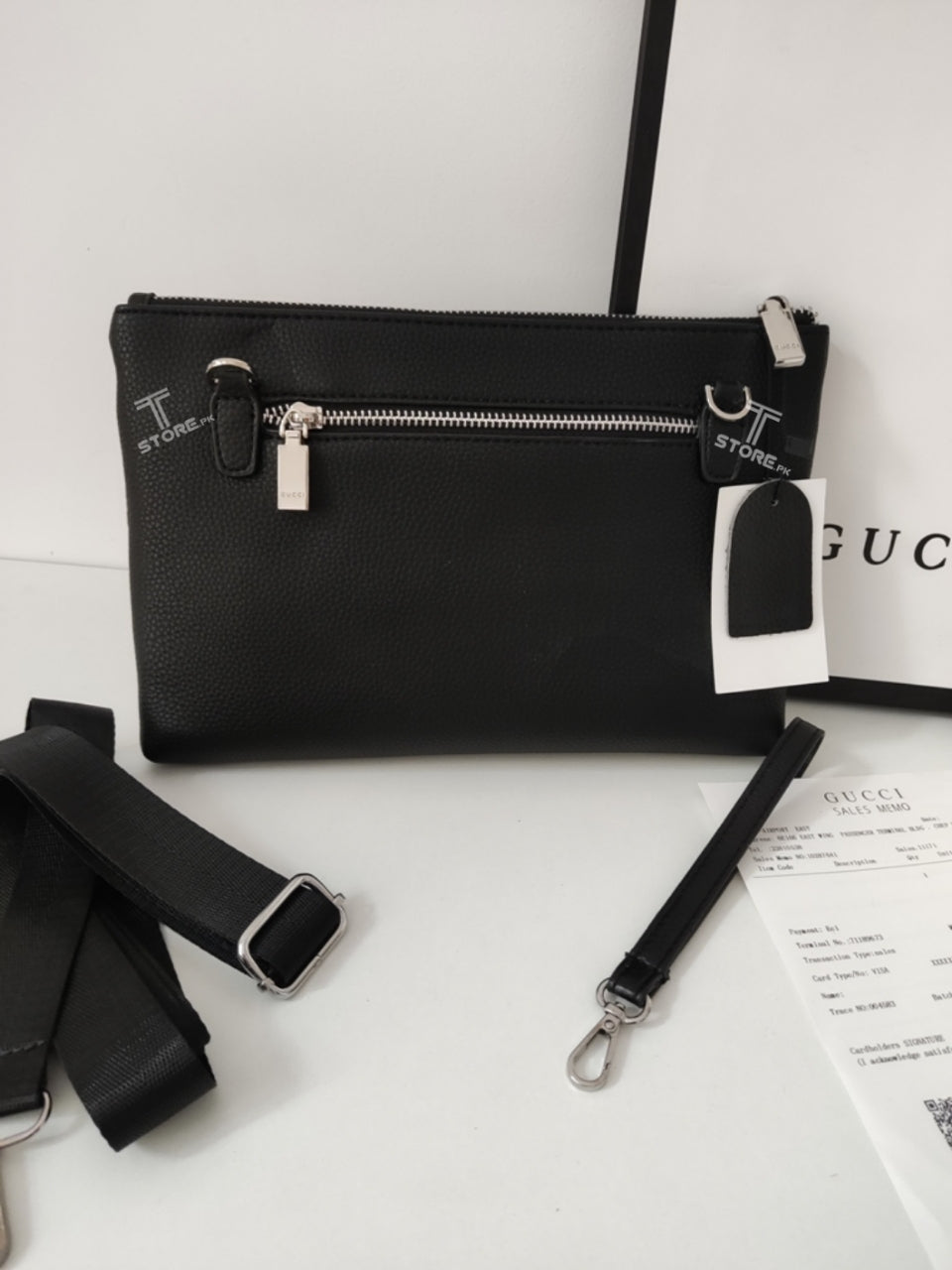 Gucci Black Top Strip Embossed Leather Men's Handbag