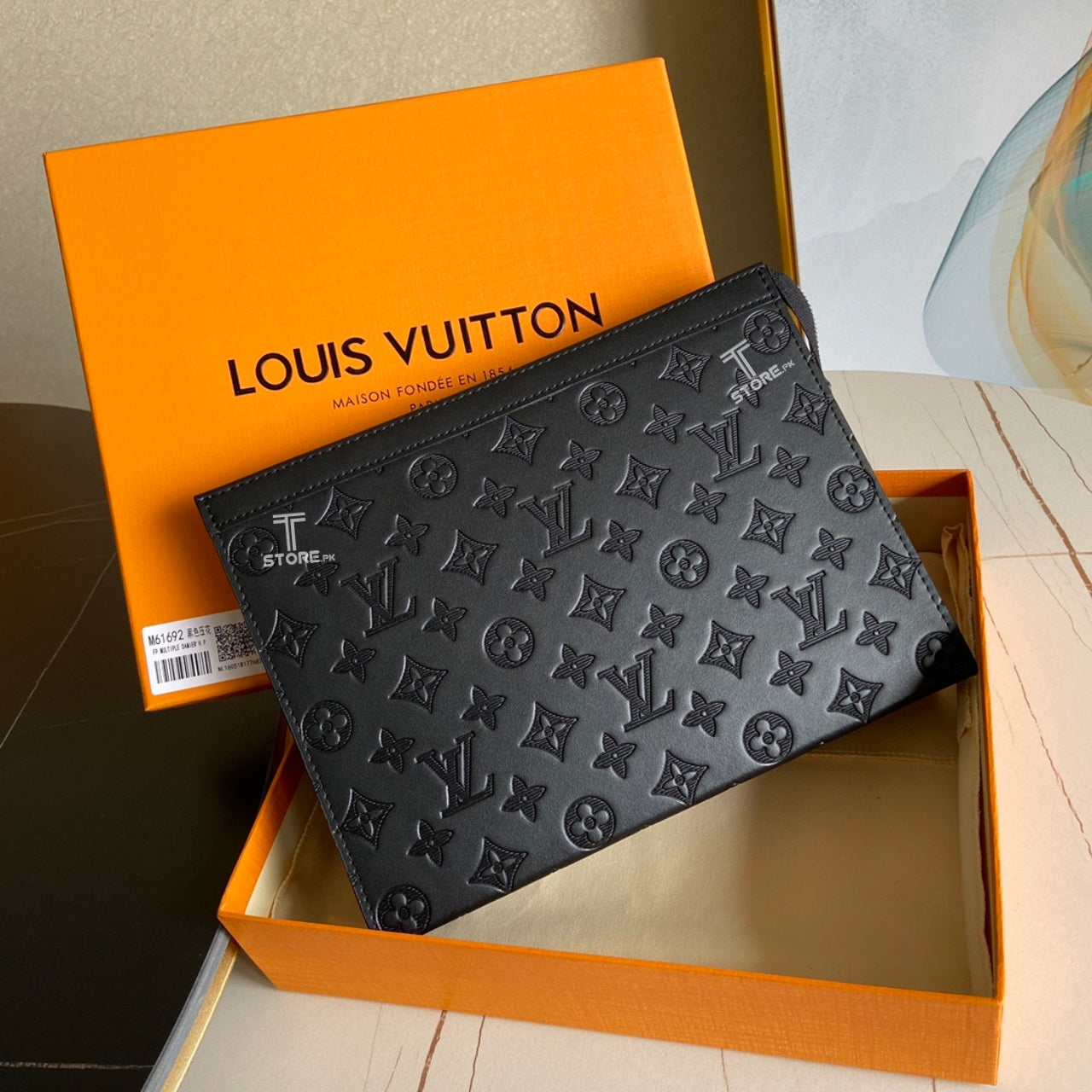 LV Black Embossed Pochette Men's Clutch