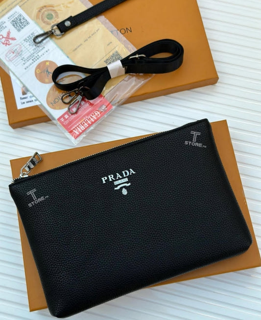 Prada Black Plain Leather Men's Handbag