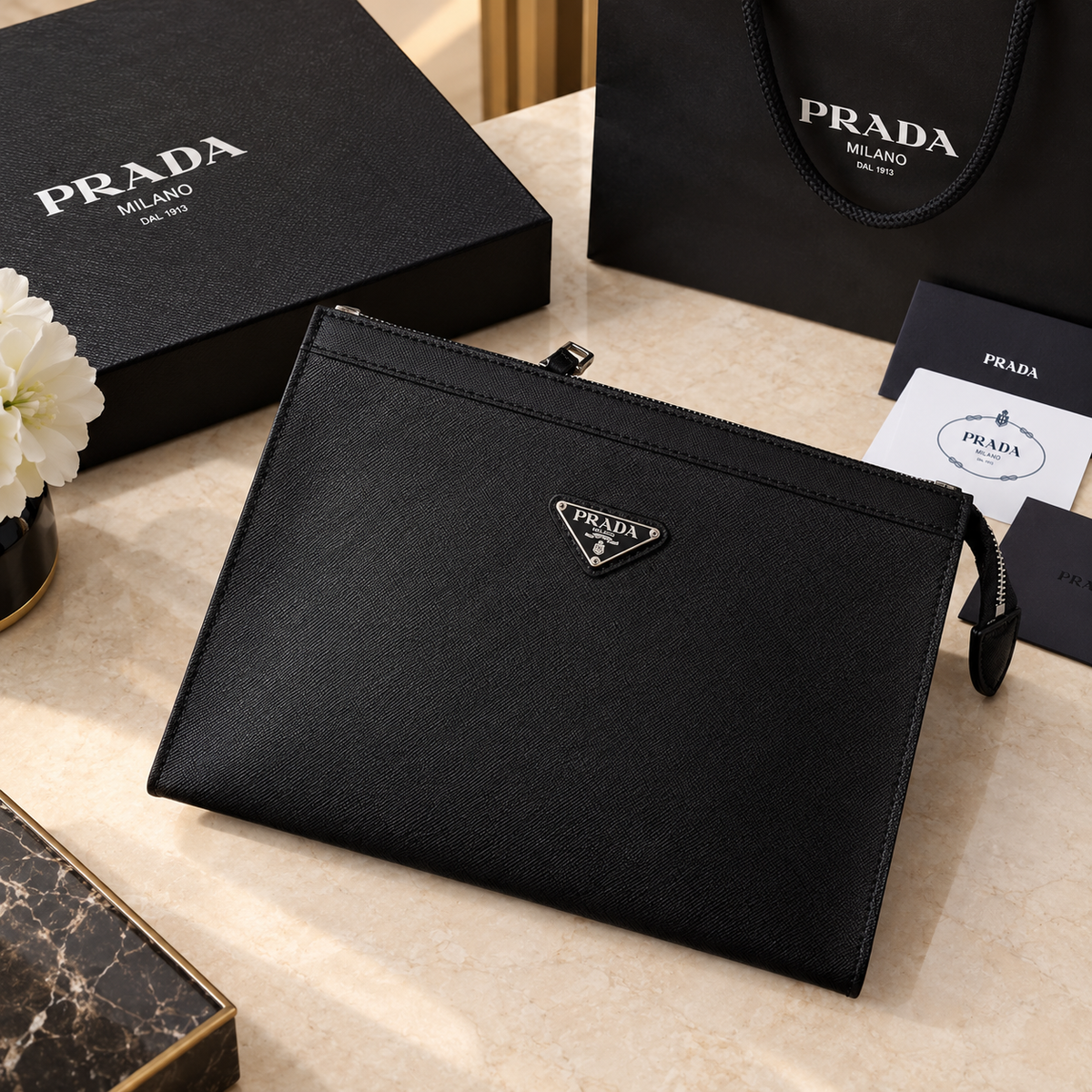 Prada Black Plain Pochette Men's Clutch