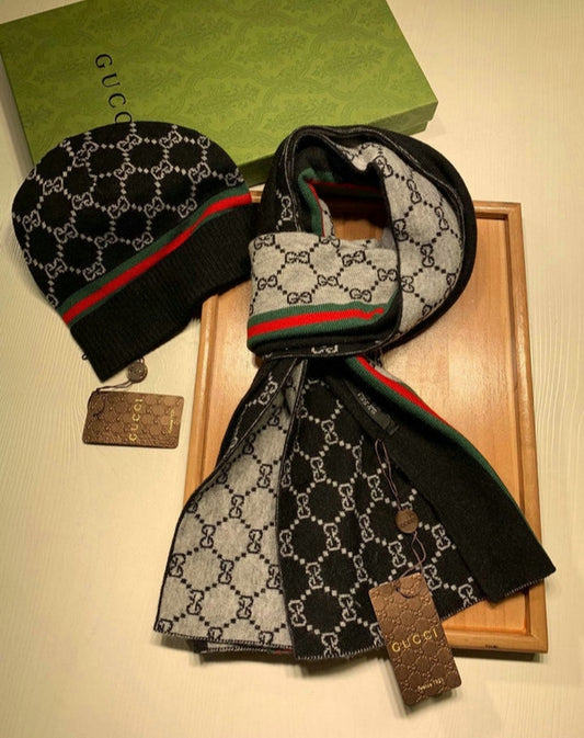 Gucci Black Strip Woolen Muffler & Beanie Set