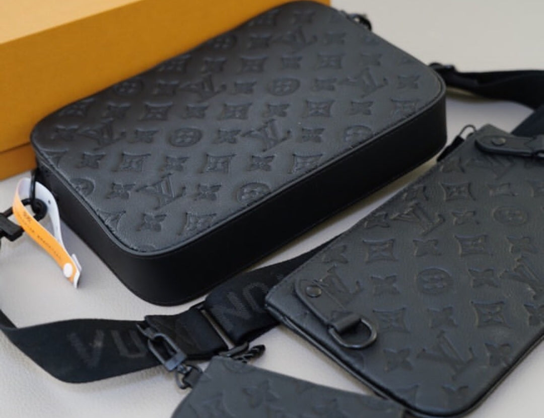 LV Matte Black Embossed Trio Messenger Bag