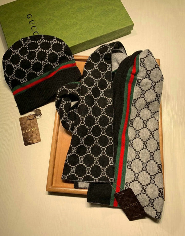 Gucci Black Strip Woolen Muffler & Beanie Set