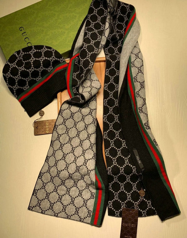 Gucci Black Strip Woolen Muffler & Beanie Set