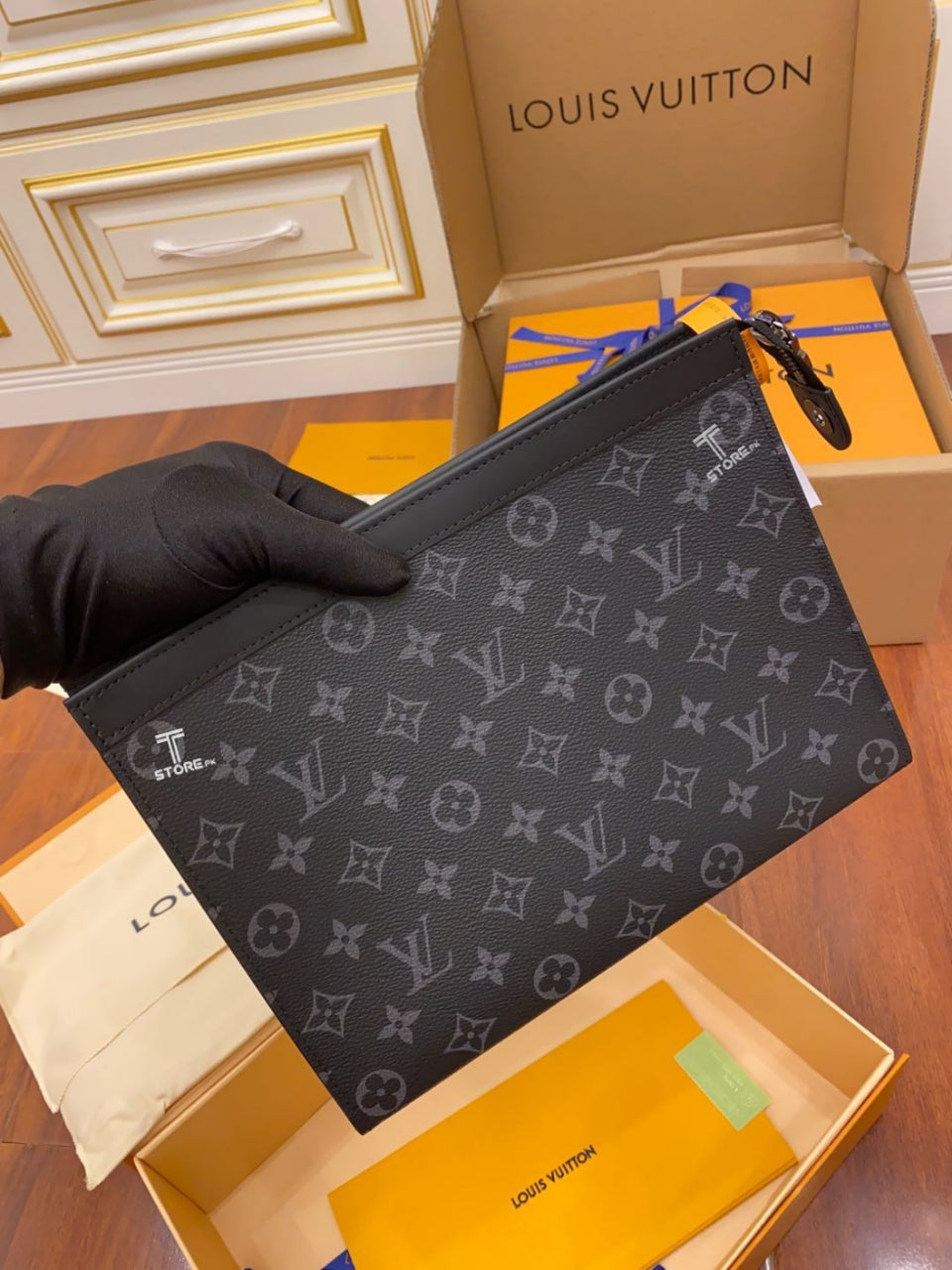 LV Black Flower Pochette Men's Clutch