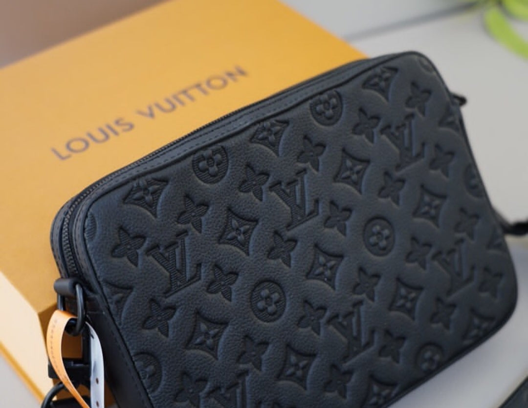 LV Matte Black Embossed Trio Messenger Bag