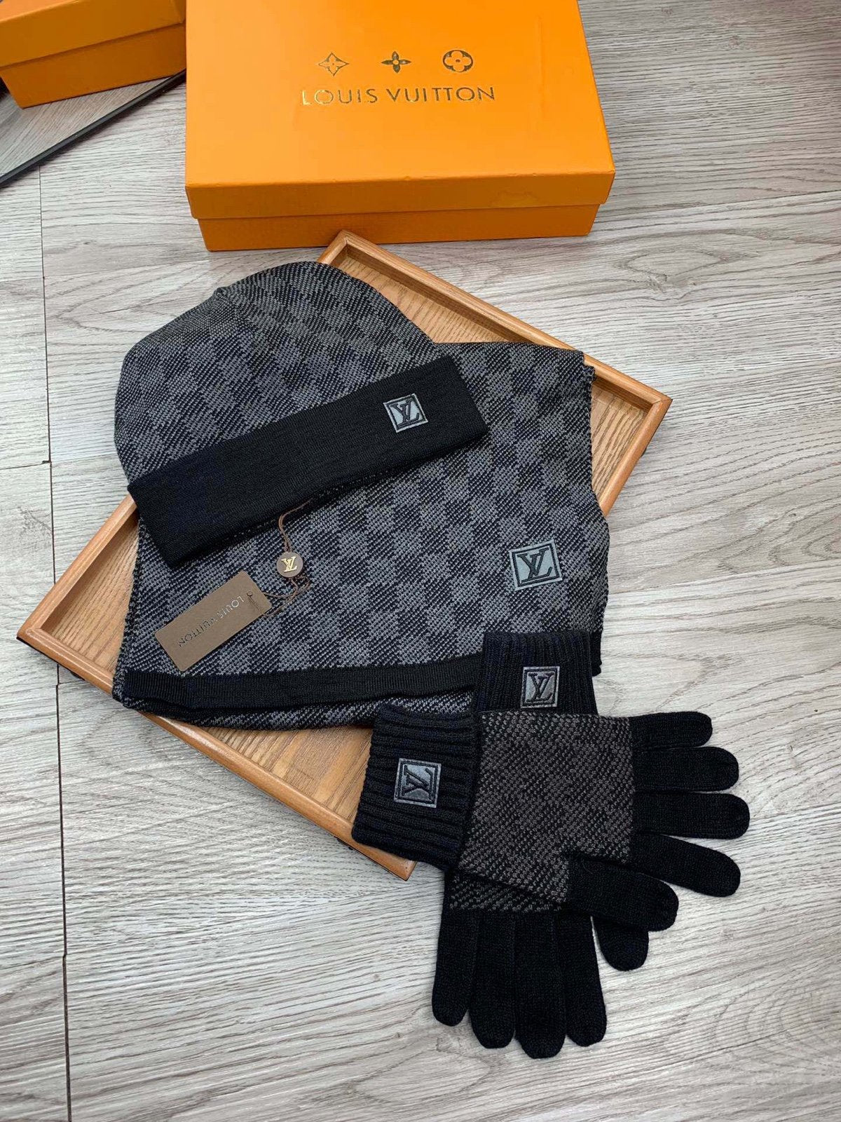 LV Grey Check Woolen Muffler, Gloves & Beanie Set