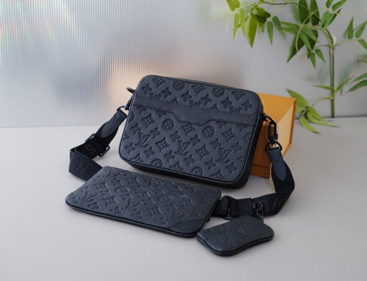LV Matte Black Embossed Trio Messenger Bag