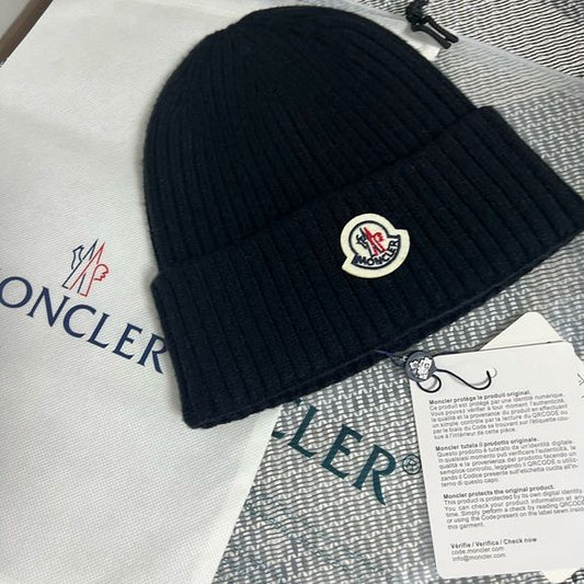 Moncler Plain Black Logo Woolen Beanie Cap