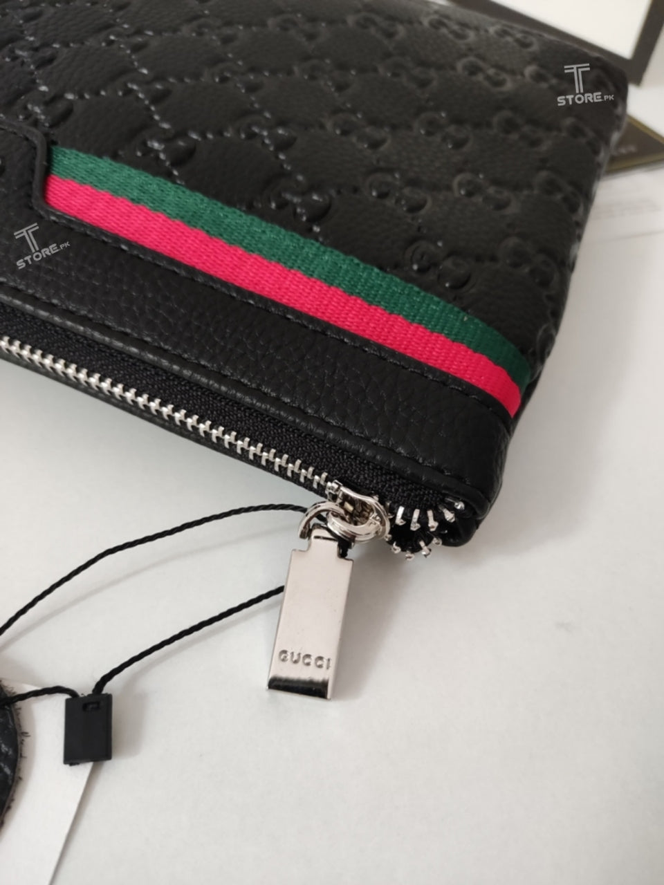 Gucci Black Top Strip Embossed Leather Men's Handbag